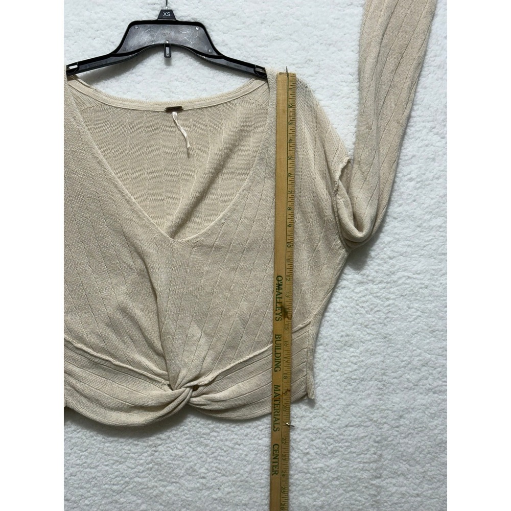 Free People Knot Front Long Sleeve Top Ribbed Knit Crop Beige Medium - Picture 7 of 8